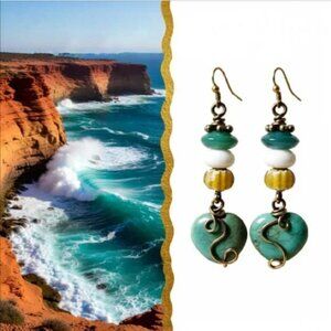 African Turquoise Heart Earrings • Agate & Millefiori • Spring Boho Vibes
